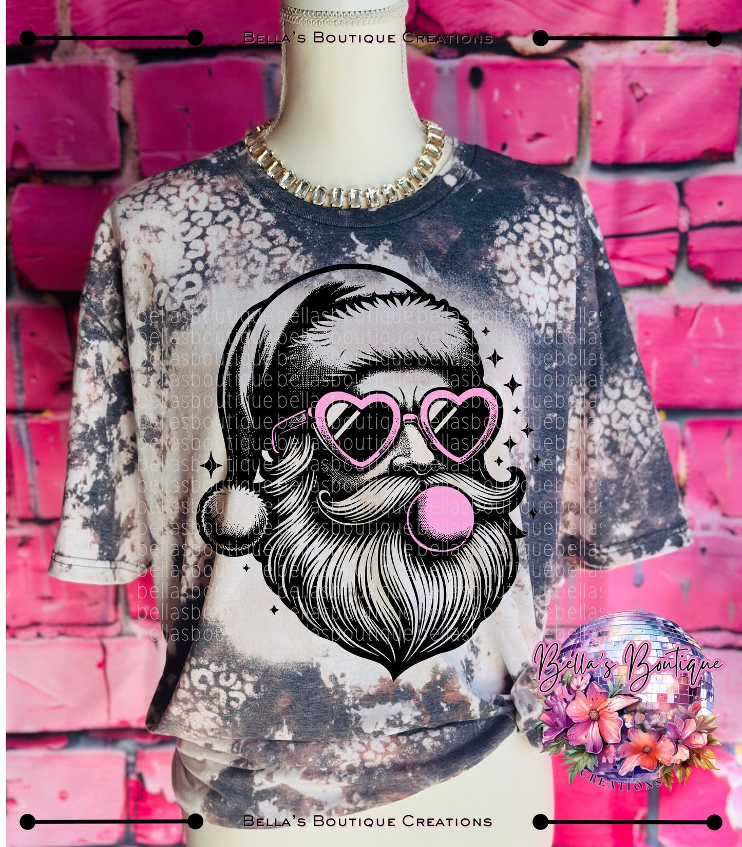 Bubble Gum Santa Christmas Trendy Bleached T-Shirt - Womens Bleached Tee Shirt - Sparkly Santa - Bubble Gum - Christmas Spirit Tee