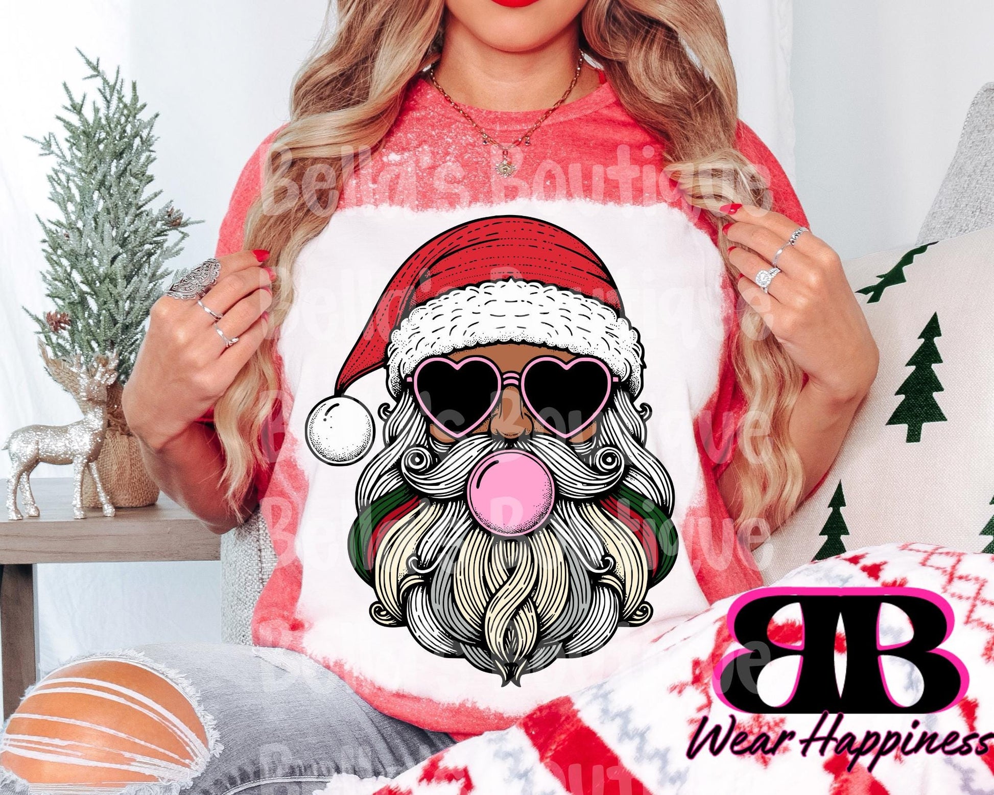 Bubble Gum Santa Christmas Trendy Bleached T-Shirt - Womens Bleached Tee Shirt - Sparkly Santa - Bubble Gum - Christmas Spirit Tee