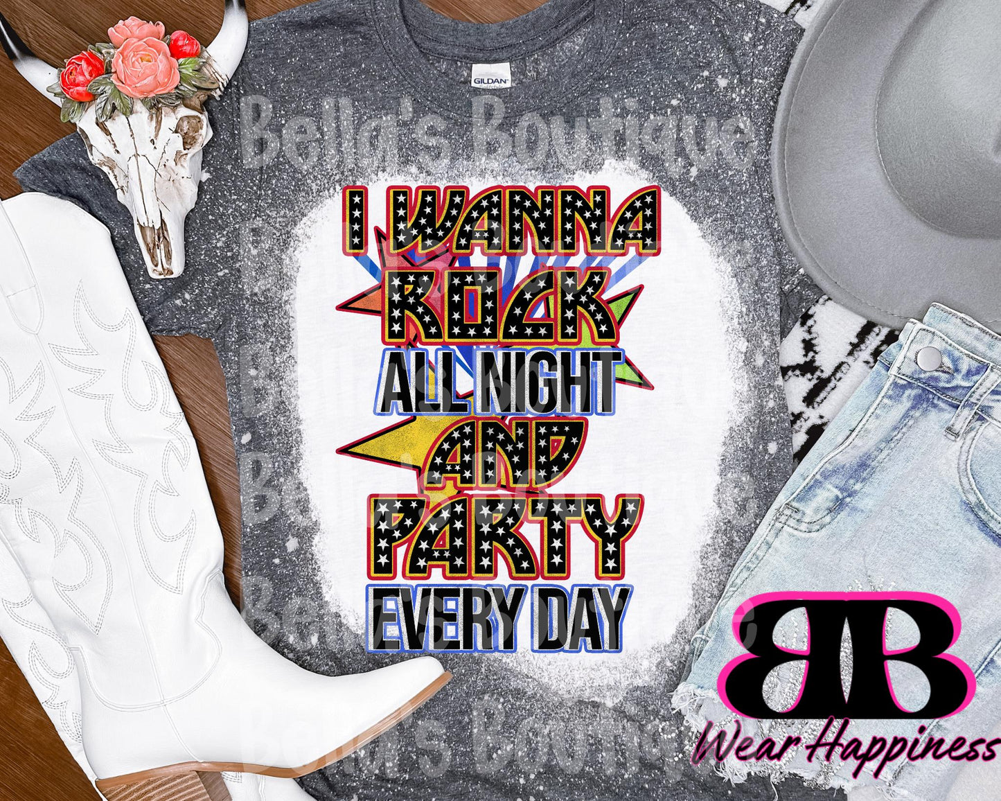 I Wanna Rock n Roll All Night & Party Trendy Bleached T-Shirt - Womens Bleached Tee Shirt - Sublimation - Concert tshirt - Festival tshirt