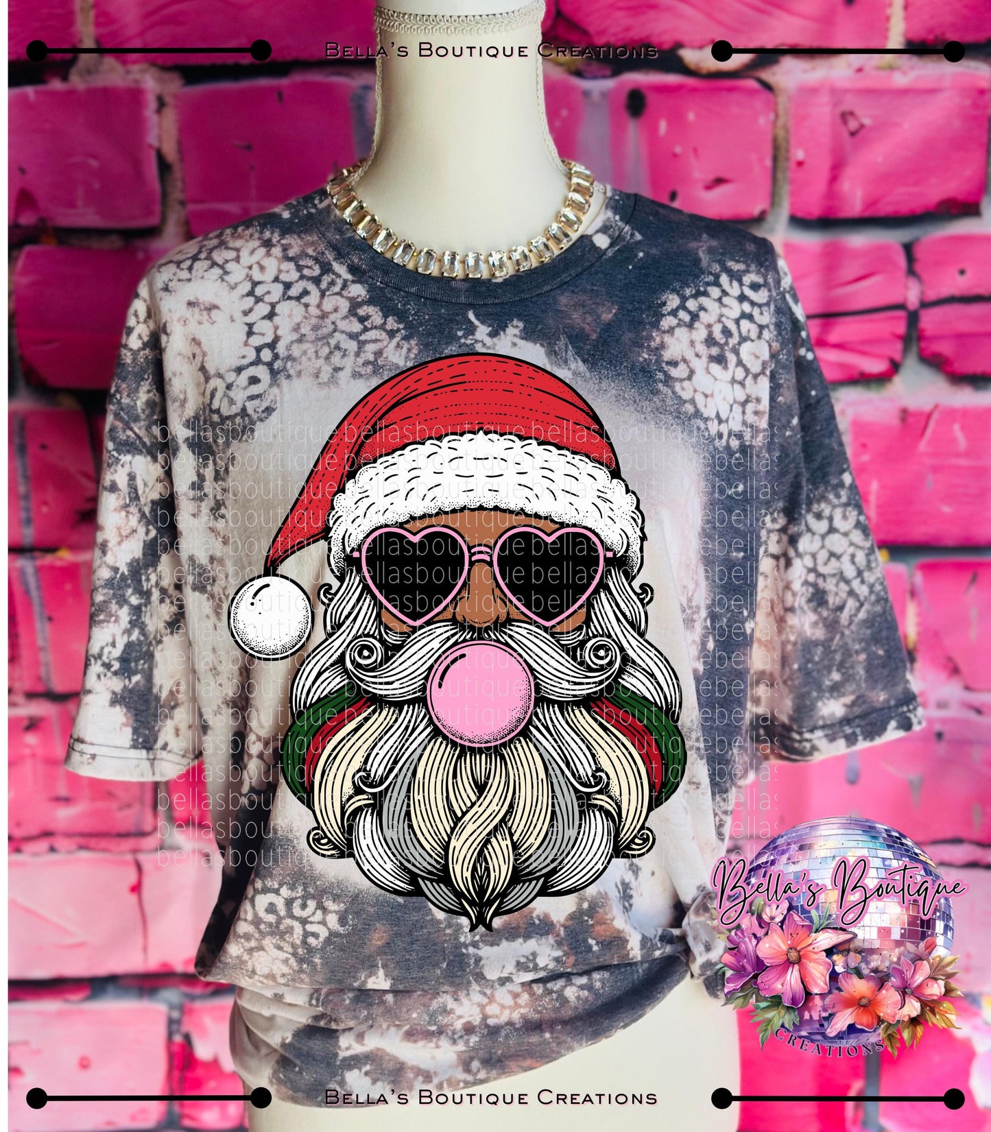 Bubble Gum Santa Christmas Trendy Bleached T-Shirt - Womens Bleached Tee Shirt - Sparkly Santa - Bubble Gum - Christmas Spirit Tee