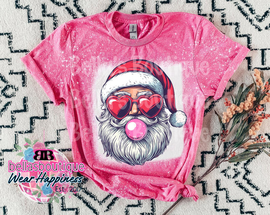 Bubble Gum Santa Christmas Trendy Bleached T-Shirt - Womens Bleached Tee Shirt - Sparkly Santa - Bubble Gum - Christmas Spirit Tee