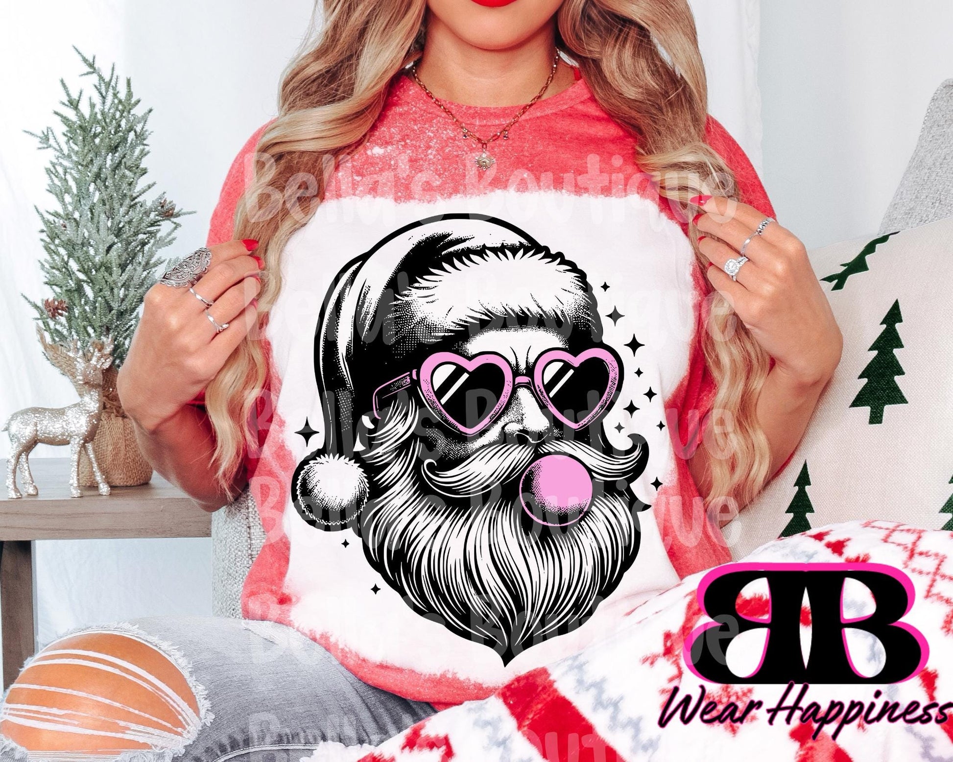 Bubble Gum Santa Christmas Trendy Bleached T-Shirt - Womens Bleached Tee Shirt - Sparkly Santa - Bubble Gum - Christmas Spirit Tee