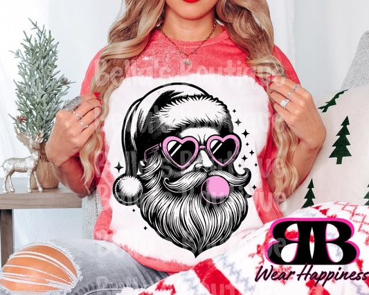 Bubble Gum Santa Christmas Trendy Bleached T-Shirt - Womens Bleached Tee Shirt - Sparkly Santa - Bubble Gum - Christmas Spirit Tee