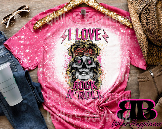 I Love Rock n Roll Trendy Bleached T-Shirt - Womens Bleached Tee Shirt - Sublimation - Gift for Friend - Concert tshirt - Festival tshirt