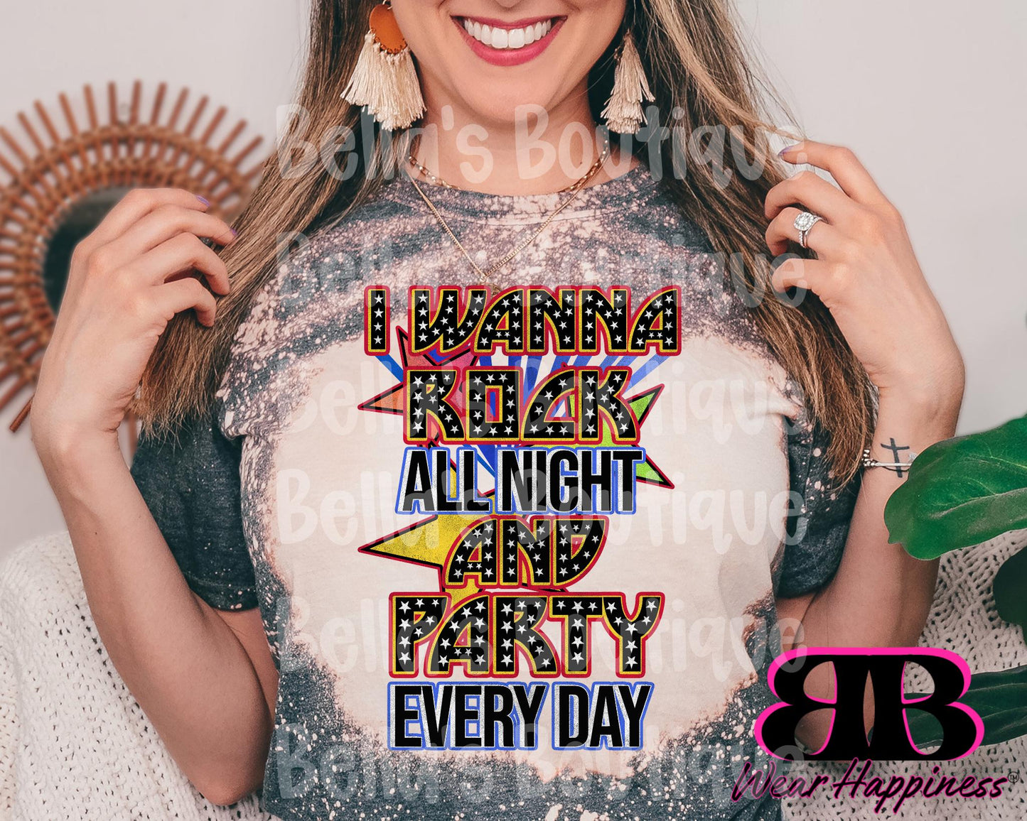 I Wanna Rock n Roll All Night & Party Trendy Bleached T-Shirt - Womens Bleached Tee Shirt - Sublimation - Concert tshirt - Festival tshirt