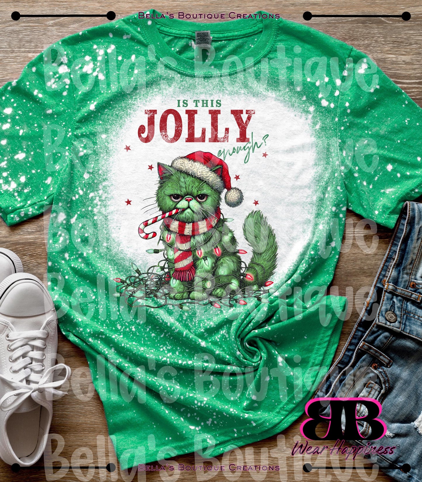 Is This Jolly Enough Funny Cat Christmas Lights Trendy Bleached T-Shirt - Christmas Spirit Tee - Funny Christmas Tshirt - Funny Cat Tee