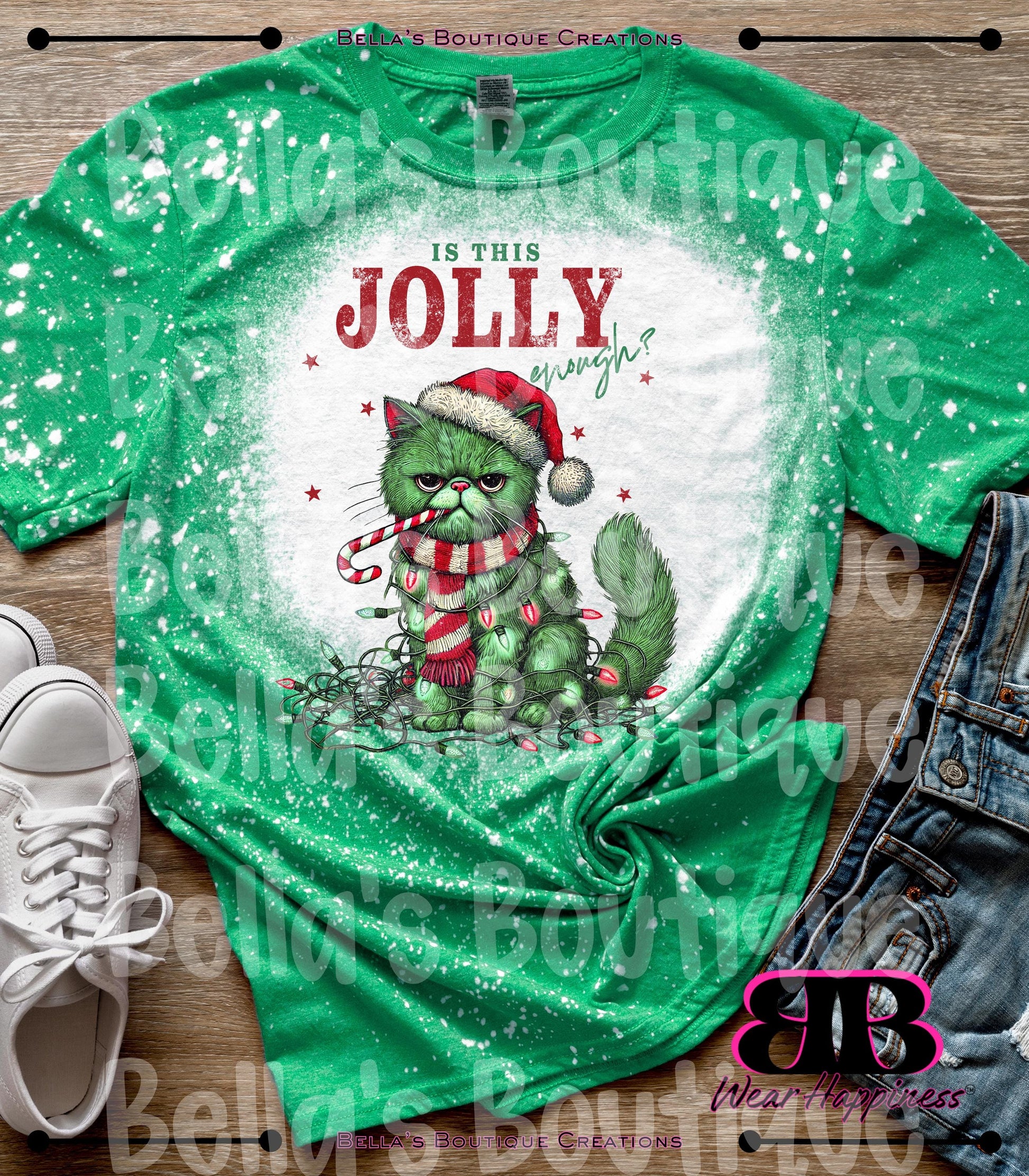 Is This Jolly Enough Funny Cat Christmas Lights Trendy Bleached T-Shirt - Christmas Spirit Tee - Funny Christmas Tshirt - Funny Cat Tee