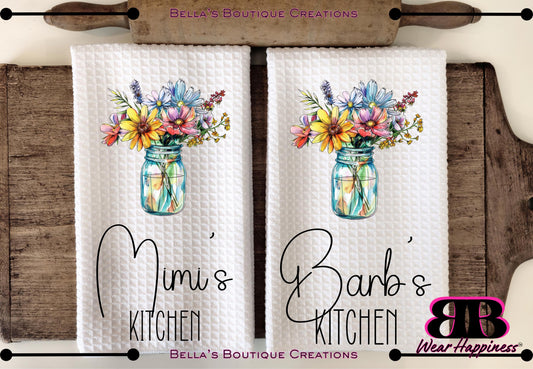 Custom Personalized Wildflowers Kitchen Towel with Name - Waffle Towel - Kitchen Gift - Housewarming Gift - Wedding Present - Flower Towel