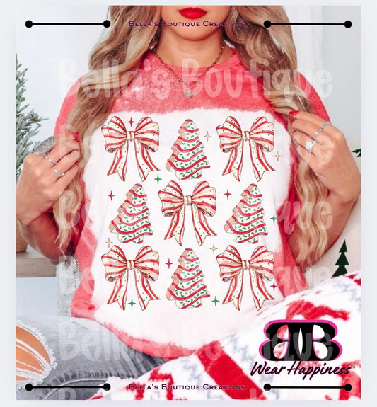 Christmas Tree Cake Coquette Trendy Bleached T-Shirt - Womens Bleached Tee Shirt - Christmas Spirit Tee - Coquette Tee