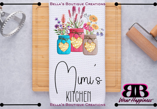 Custom Personalized Mason Jar Wildflowers Kitchen Towel with Name - Waffle Towel - Kitchen Gift - Housewarming Gift - Flower Towel