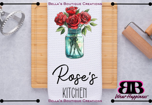 Custom Personalized Roses Kitchen Towel with Name - Waffle Towel - Kitchen Gift - Housewarming Gift - Wedding Present - Flower Towel